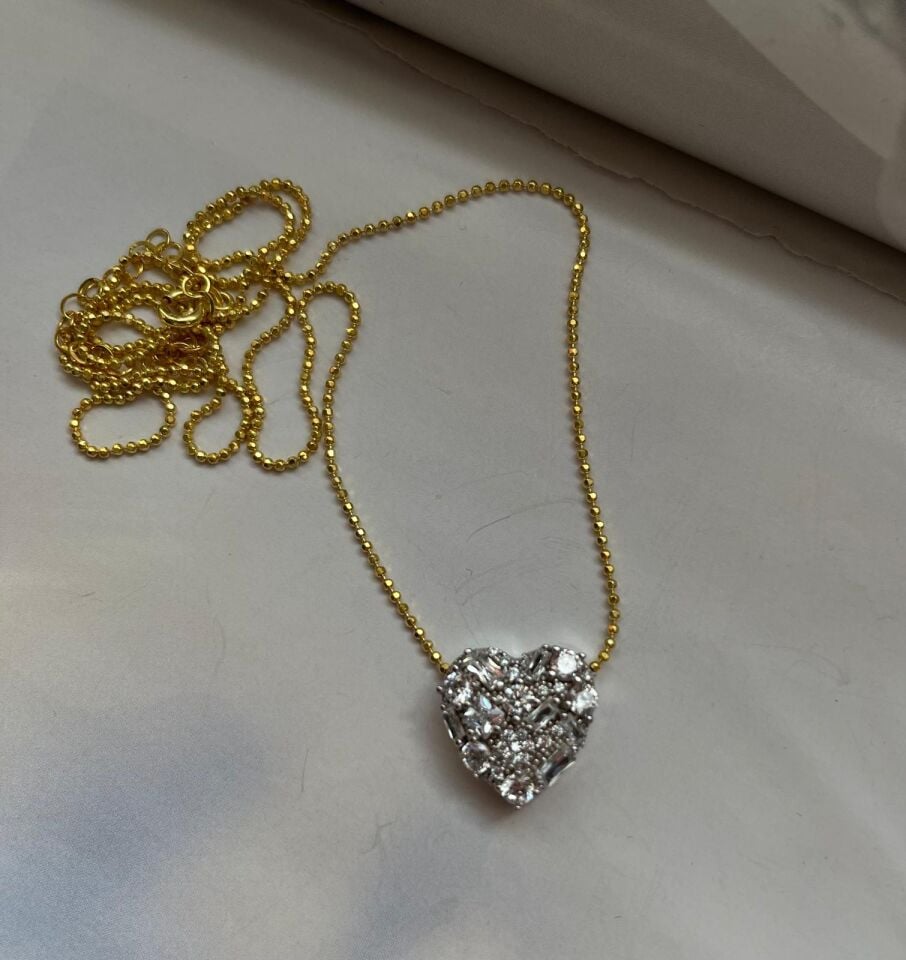 Kalp Kesme Taş Kolye sarı zincirli