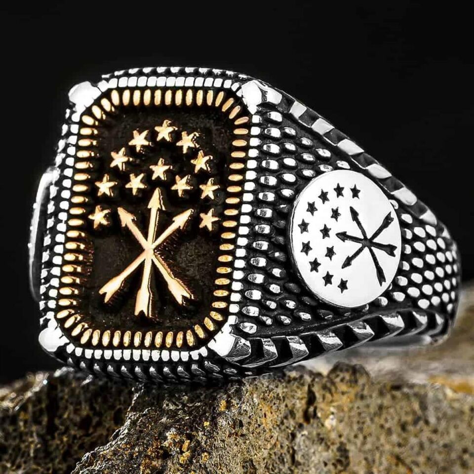 Çerkes Bayrağı Gold Motifli Yüzük