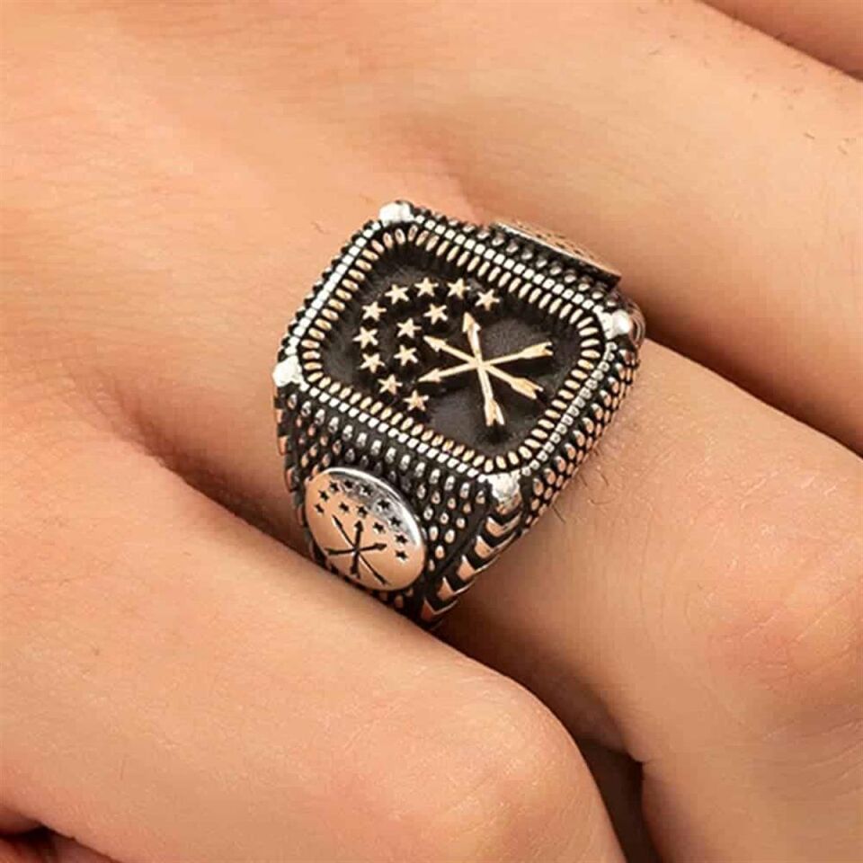 Çerkes Bayrağı Gold Motifli Yüzük