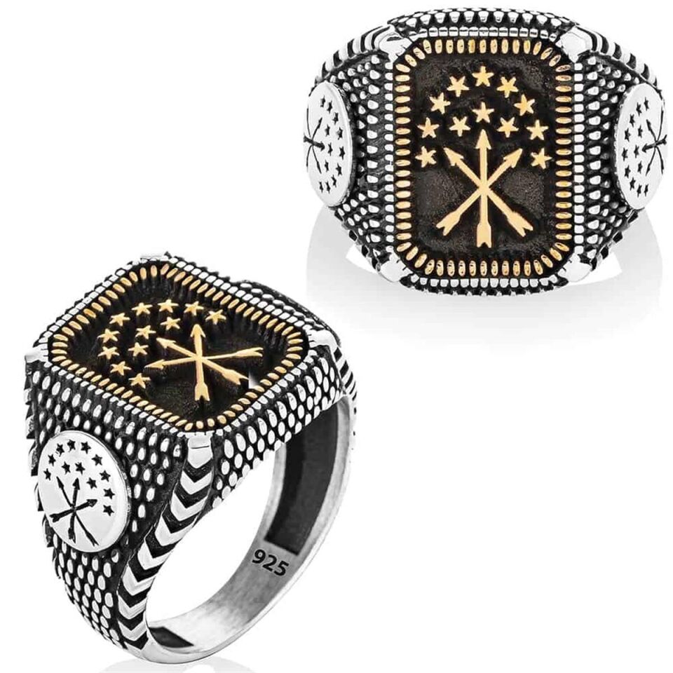 Çerkes Bayrağı Gold Motifli Yüzük